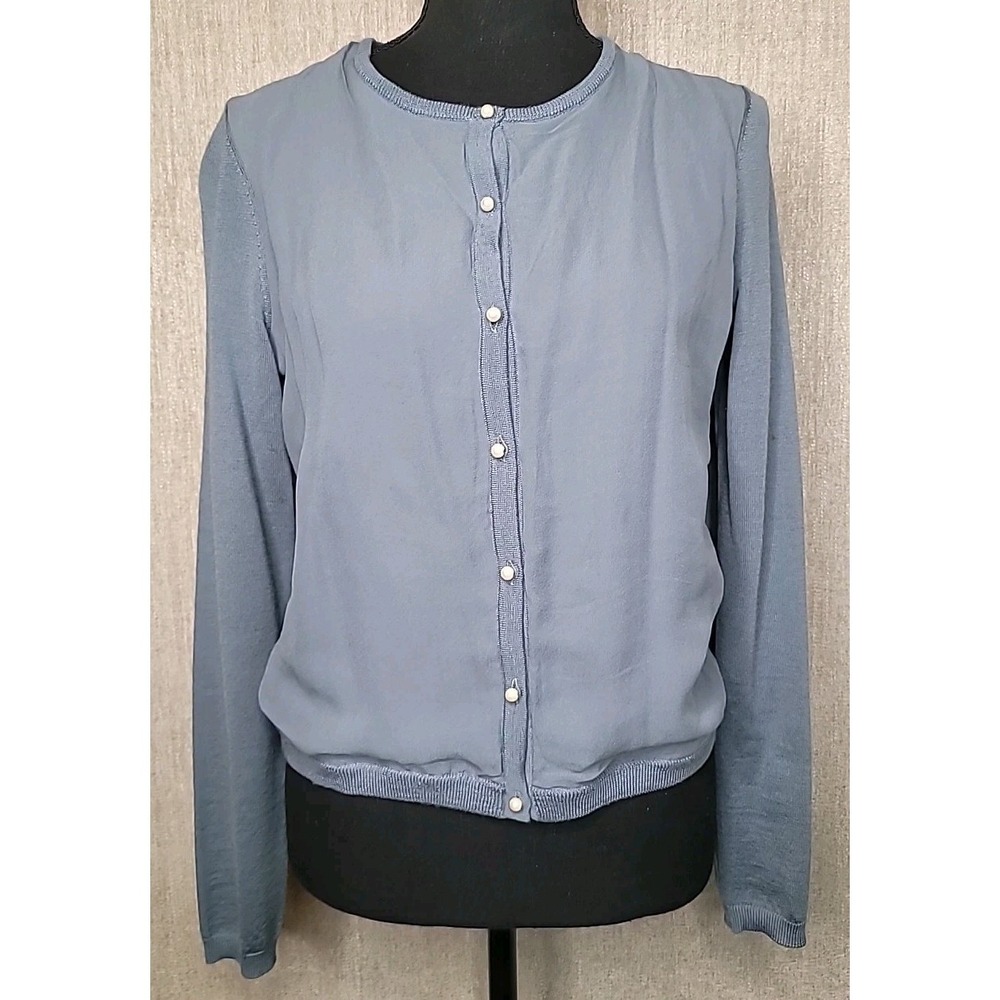 Ann Taylor Pearl Button Cardigan Sweater Blue Merino Wool & Silk Long Sleeve‎ SM